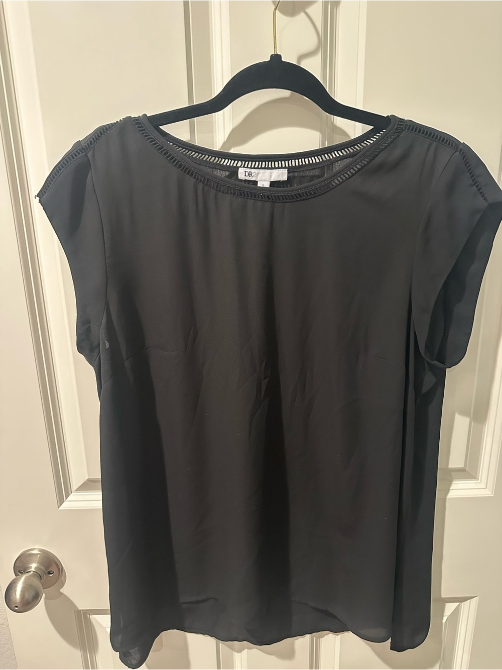 DR2 Black Cap Sleeve Blouse with Trimmed Neckline